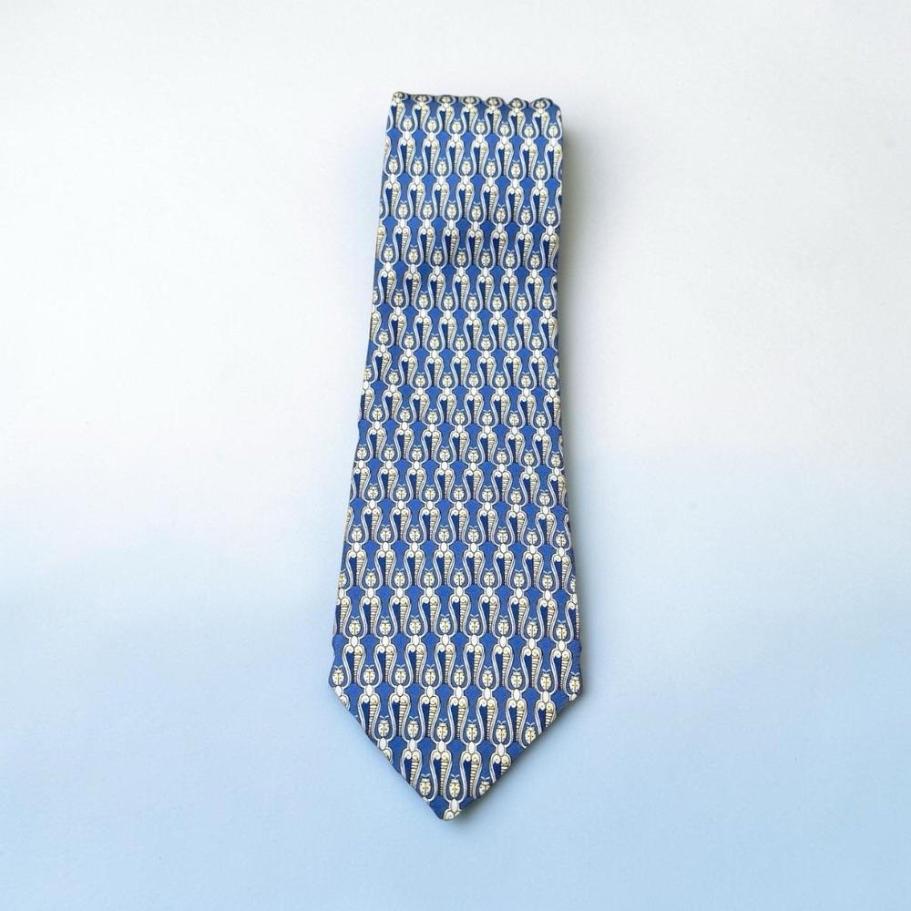 Bentley Cravats Blue Ornamental Geometric Silk Necktie Classic Made in USA